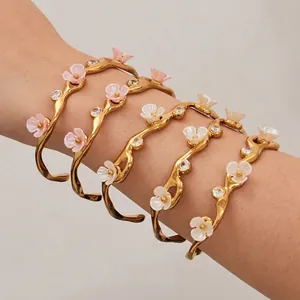 Floral Open Bangle Stainless Steel 18K Gold Plated Elegant Zircon Flower C-Shaped Bracelet For Women