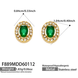 Detail view of gold stainless steel oval earrings with green stone and size specs
