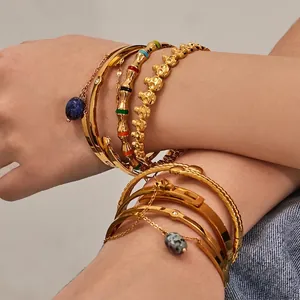 Bracelets Joncs En Acier Inoxydable Avec Pierre Naturelle Émail Crâne Bambou Design Imperméable Hypoallergénique Bijoux Pour Femmes
