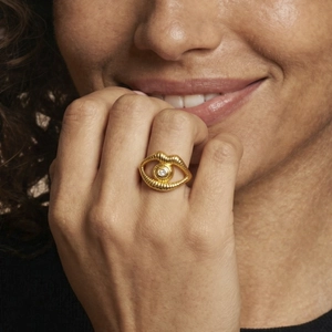 Lip and eye open ring in gold plated stainless steel with sparkling cubic zirconia inlay