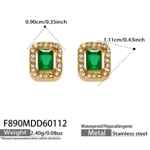 Detail of gold rectangular earrings with green stone and white cubic zirconia accents