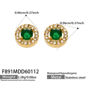 Detailed view of green zircon stud earrings with measurements and stainless steel material
