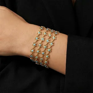 Flower Chain Bracelet Stainless Steel 18K Gold Plated Blue Enamel Daisy Waterproof Hypoallergenic Boho Jewelry For Women