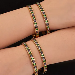 Bangle Bracelet 18K Gold Plated Stainless Steel Colorful Baguette Cubic Zirconia Waterproof Hypoallergenic Light Luxury