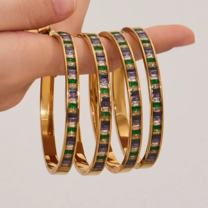 Minimalist 18K gold plated stainless steel bangles with colorful zircon stone inlay