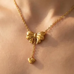 Bowknot Heart Pendant Necklace And Drop Earrings Stainless Steel Gold Plated Trendy Minimalist For Women