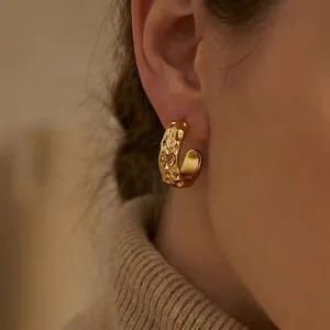 C Shaped Hoop Earrings Stainless Steel Irregular Lava Texture Hammered Stud Earrings Modern Elegant Jewelry For Women