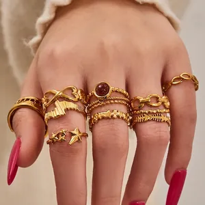 Fashion Stainless Steel Open Rings Collection Geometric Star Heart Infinity Roman Numerals Adjustable Stackable Jewelry For Women