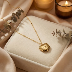Collier doré avec pendentif cœur étreint et perles sur un coffret à bijoux beige