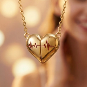 Collana cuore d'oro con linea del battito cardiaco rossa e catena sottile per donne