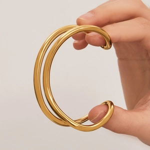 Bracciale rigido aperto a doppio strato in acciaio inossidabile placcato oro 18 carati
