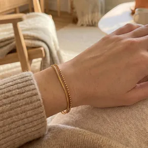 Women Stainless Steel Double Layer Bracelet Minimalist Beaded And Snake Chain Adjustable Gold Plated Jewelry