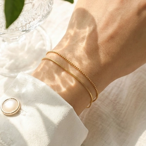 Minimalist double-layered 18k gold plated stainless steel beaded and snake chain bracelets