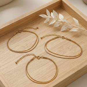 Double-layer 18k gold plated stainless steel snake and bead chain bracelets set