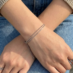 Silver double layer bracelet set with snake chain and round bead chain on wrist