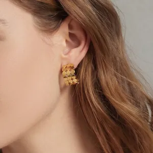 Boucles D'Oreilles C-Shaped En Acier Inoxydable Sequins Disque Rond Superposé Géométrique Creux Bijoux Mode Hypoallergénique