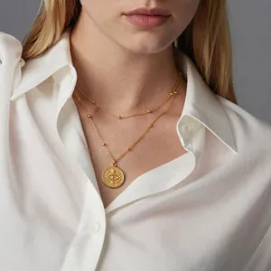 Collier Double Rang Pendentif Pièce Oeil Maléfique Acier Inoxydable Plaqué Or Chaîne Satellite Bijoux Femme