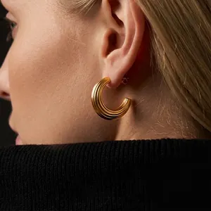 Créoles En Forme De C Nervurées En Acier Inoxydable Plqué Or Bijoux Géométriques Texturés Vintage Pour Femmes Hypoallergénique