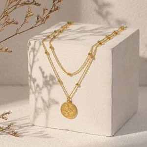 Collier double épaisseur en acier inoxydable doré 18k avec pendentif œil maléfique