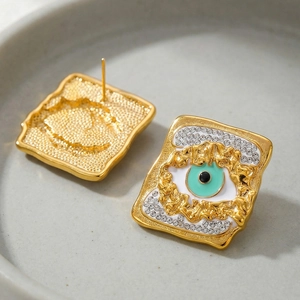 Gold stainless steel square evil eye stud earrings with blue enamel and pavé crystals