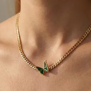 Butterfly Pendant Necklace Stainless Steel 18K Gold Plated Green Enamel Drip Oil Cuban Link Chain Chic Jewelry For Women