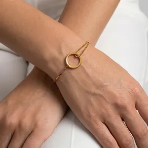 French Style Geometric Ring Splicing Stainless Steel Bracelet 18K Gold Plated Minimalist Asymmetric Double Chain Jewelry For Women