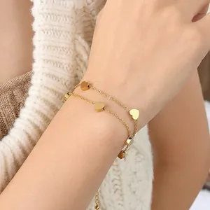 Layered Heart Charm Bracelet 18K Gold Plated Stainless Steel Waterproof Hypoallergenic Elegant Jewelry For Women