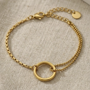 Minimalist 18k gold plated stainless steel geometric mixed chain bracelet with ring clasp