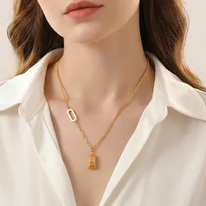 Stainless Steel Gold Brick Pendant Necklace 18K Gold Plated LOVE GOLD Engraved Minimalist Niche Design Jewelry For Women