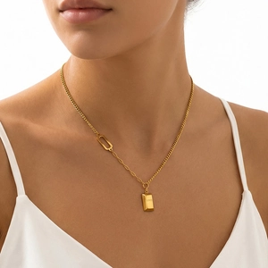 18k gold plated stainless steel bar necklace with LOVE engraving and mixed link chain