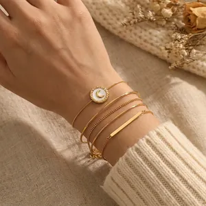 Elegant Stainless Steel Bracelet For Women With Moon Shell Inlay Adjustable Snake Chain Gold Plated Fashion Jewelry