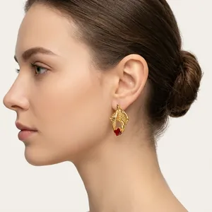 Vintage Lava Texture Geometric Conch Earrings Stainless Steel With Red Zircon For Women French Style Light Luxury