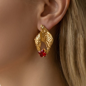 French style gold-plated geometric shell earrings with red zircon in stainless steel