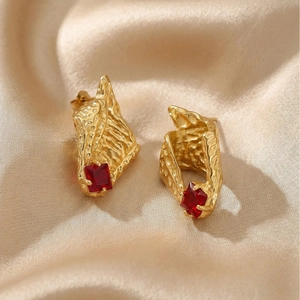 French luxury geometric shell tassel earrings with red zircon and molten gold texture