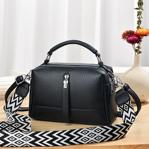 Women Crossbody Shoulder Bag PU Leather Lychee Texture Wide Geometric Strap Double Zipper Fashion Handheld Handbag Daily