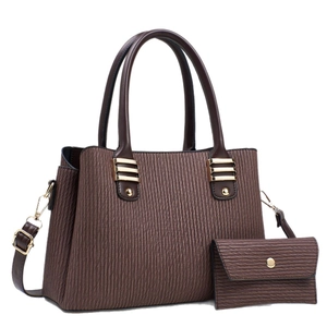 Brown textured women's handbag set with vertical ripple pattern and gold hardware details