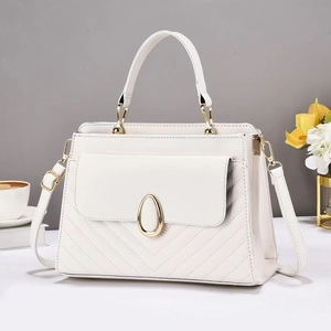 Chic white quilted handbag with V-stitch patterns and gold metal buckle for women