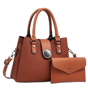 Vintage reddish brown pleated tote and clutch bag set with round metal buckle accents