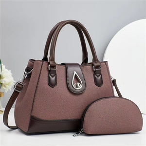 French style two-tone canvas and leather handbag set with matching small zipper pouch