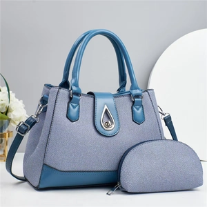 French style grey-blue woven handbag set with matching crossbody pouch and metal clasp