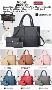 Three-piece tote bag set with size details showing large, medium and small pouch dimensions