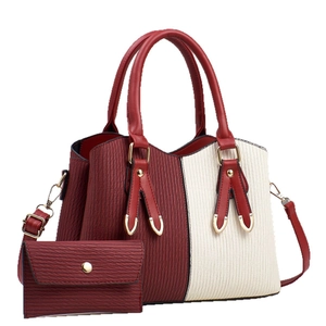 Burgundy and cream contrast leather handbag set with matching long wallet and gold hardware