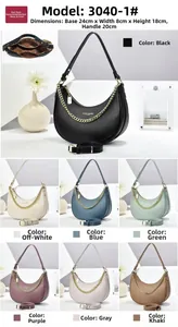 Macro detail of crescent bag showing pebbled leather texture and seven color options