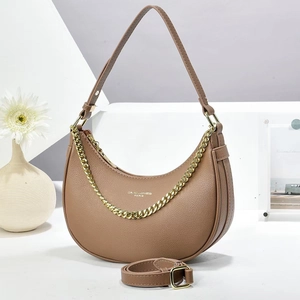 Brown lychee grain crescent bag with gold chain and David Jones Paris logo detail
