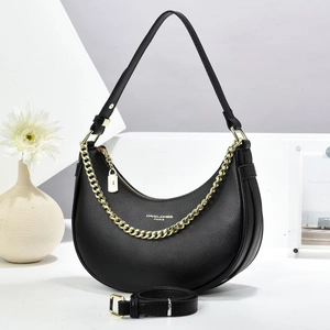Women's Fashion Crescent Hobo Bag Lychee Pattern PU Leather Shoulder Bag With Gold Metal Chain Large Capacity Handbag