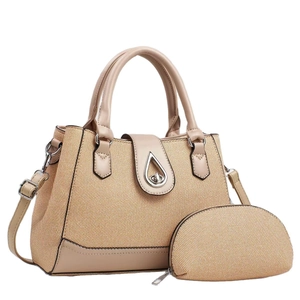 French style beige woven tote bag set with brown leather trim and metal twist lock