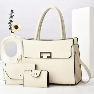 Chic 3-piece set off-white PU leather handbag with black trim and gold hardware
