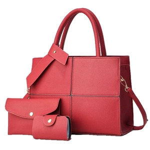 Three-piece red lychee pattern handbag set with tote bag, wallet and card holder
