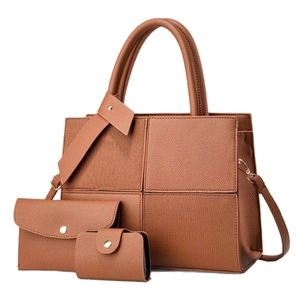 Three-piece brown leather tote bag set with striped patchwork and golden hardware details