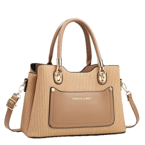 Elegant khaki pleated shoulder bag with gold hardware and dual top handles on white background